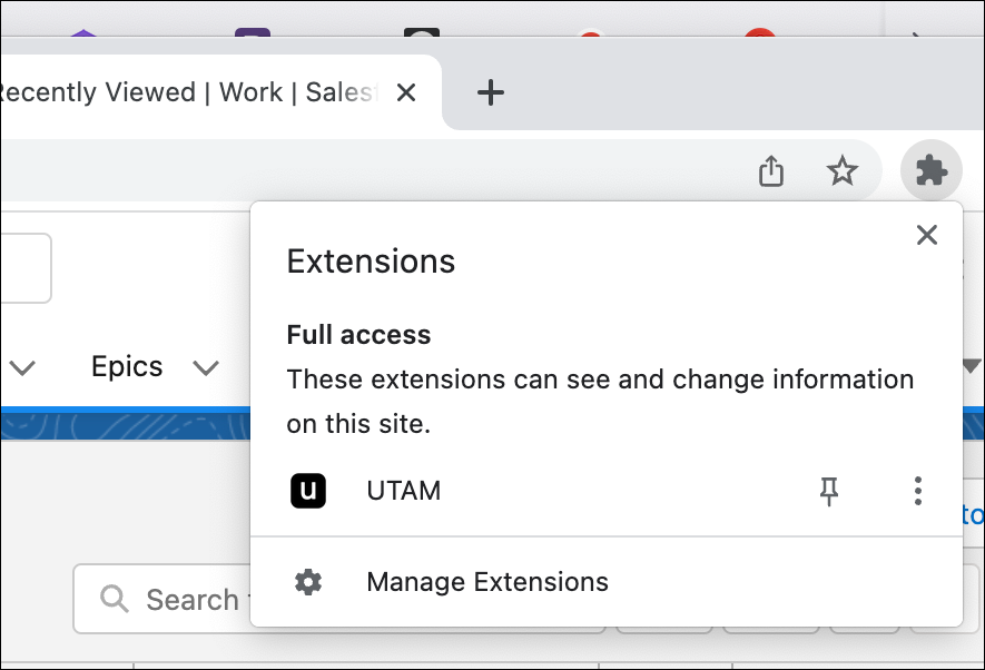 UTAM browser extension in the toolbar